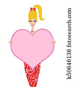 lindo, mujer joven, tenencia, un, grande, rosa, corazón, con, habitación, para, texto