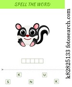 Spelling word scramble game template. Educational activity for preschool years kids and toddlers with cute skunk. Spelling word scramble game template. Educational activity for preschool years kids and toddlers with cute skunk.