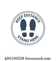 Steps on floor in circle, keep distance in line, stand here sign, queue order Steps on floor in circle, keep distance in line, stand here sign, queue order