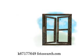 Wooden double window opened isolated