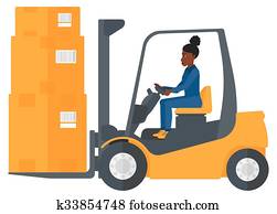 trabajador, mudanza, cargamaento, por, carretilla elevadora, truck.