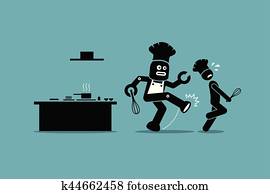 רובוט, טבח, בועט, הלאה, a, בן אנוש, טבח, מ, לעשות, שלו, עבודה, ב, kitchen.