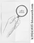 drawing of hand holding magnifier glass looking for employee on crumpled paper background as concept