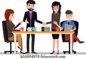 dois, homem negócio, e, mulher, apertar mão, com, colega, negócio, trabalhando, e, meeting., caricatura, personagem, vetorial, illustration.