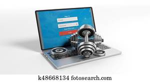 Dumbbells and a laptop on white background. 3d illustration Dumbbells and a laptop on white background. 3d illustration
