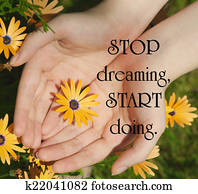 Inspirational quote on life by an unknown author with a young woman's hand cupping an African daisy flower in the summertime.