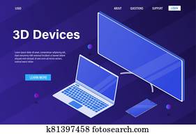 Office set of computer equipment. New modern devices in 3D isometric style. Monitor, laptop, phone. Employee workspace. Isolated and high-quality drawn objects. Easy to edit Vector Illustration EPS 10 Office set of computer equipment. New modern devices in 3D isometric style. Monitor, laptop, phone. Employee workspace. Isolated and high-quality drawn objects. Easy to edit Vector Illustration EPS 10