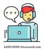 Support customer service, man with computer and headset, client chat concept. Line vector icon. Editable stroke. Flat linear illustration isolated on white background