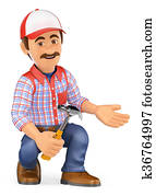 3D Handyman squatting with a hammer pointing to side 3D Handyman squatting with a hammer pointing to side