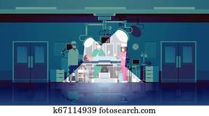 chirurgiens, équipe, entourer, patient, mensonge, sur, opération, table, à, lampes, rayons légers, pendant, chirurgie, monde médical, ouvriers, à, équipement, dans, opération, salle, hôpital, clinique, intérieur, horizontal