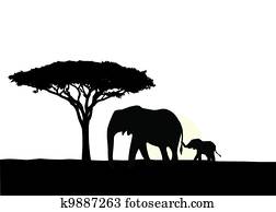 elefante africano, con, bebé, silhouet