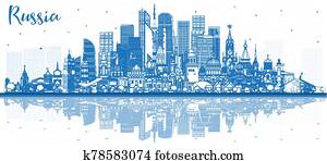 Outline Russia City Skyline with Blue Buildings and Reflections. Outline Russia City Skyline with Blue Buildings and Reflections.