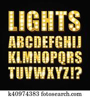 Vector yellow neon lamp letters font show casino or theather Vector yellow neon lamp letters font show casino or theather
