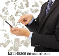 business man touching smart phone with money rain background