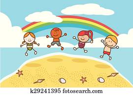 feliz, niños, saltar, en, playa