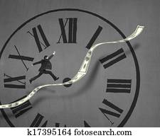 Businessman running on growing money trend with clock face 