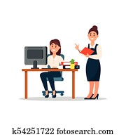 Businesswoman standing at her subordinate and making notes, business characters working in office cartoon vector Illustration Businesswoman standing at her subordinate and making notes, business characters working in office cartoon vector Illustration