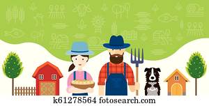 Couple of Farmers Characters with Icons Background Couple of Farmers Characters with Icons Background