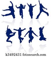 meninos meninas, pular, vetorial