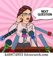 Confident Woman Giving Press Conference. Mass Media Interview. Pop Art Vector illustration