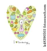 Cute cartoon rabbit girl and Set of garden objects. Plants, pots and tools for gardening. Cute cartoon rabbit girl and Set of garden objects. Plants, pots and tools for gardening.