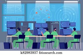 Government control center. Command room, engineers controlling military mission. Security station, cybersecurity department vector concept Government control center. Command room, engineers controlling military mission. Security station, cybersecurity department vector concept