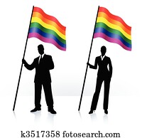 Business silhouettes with waving flag of Gay Pride