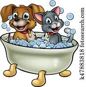 Cartoon Cat and Dog Washing in Bath Cartoon Cat and Dog Washing in Bath