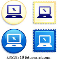 computadora, computador portatil, en, estampilla, y, botón