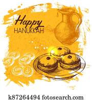 Hand drawn sketch Hanukkah background. Israel festival card. Vector illustration Hand drawn sketch Hanukkah background. Israel festival card. Vector illustration