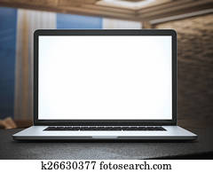 Laptop on table in home interior. 3d rendering Laptop on table in home interior. 3d rendering
