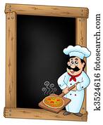 Blackboard with chef and pizza plate Blackboard with chef and pizza plate