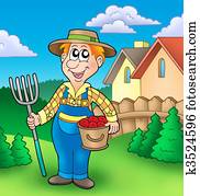 Cartoon farmer on garden Cartoon farmer on garden