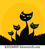 Cat family - black silhouette on orange background