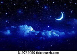 céu estrelado, com, meia lua