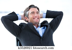 lachen, mannelijk uitvoerend, denken, over, zijn, succes