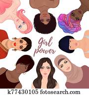  Power. Female diverse faces of different ethnicity. Women empowerment movement. Isolated illustration in vector.