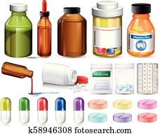 Set of pills and medicine containers Set of pills and medicine containers
