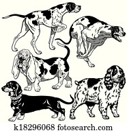 set with hunting dogs black white set with hunting dogs black white
