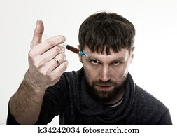 a, problema social, -, addiction., jovem, triste, homem, segurando, siringa, para, uso droga