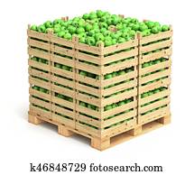 Green apples in wooden crates on the pallet Green apples in wooden crates on the pallet