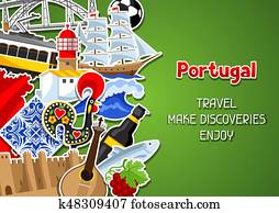 portugal, fundo, com, stickers., português, nacional, tradicional, símbolos, e, objetos