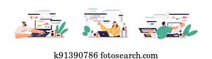 Sound designers and audio engineers mixing, creating and recording music at workplaces with computers, professional equipment and software. Colored flat graphic vector illustration isolated on white