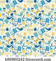 Yom Kippur seamless pattern with candles, apples and shofar and sybols. Jewish holiday background. surface print illustration on white. Translation in Enhlish of atonement day. Yom Kippur seamless pattern with candles, apples and shofar and sybols. Jewish holiday background. surface print illustration on white. Translation in Enhlish of atonement day.