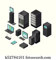 איזומטרי, טכנולוגיה, ו, בנקאות, icons., דירה, וקטור, דוגמה