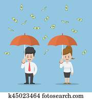 Business People Holding Umbrella and Standing Under the Rain of Money