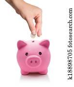 einsparung, begriff, -, euro, muenze, in, ferkelchen