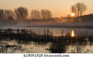 paisagem, de, lago, em, névoa, com, sol, brilho, em, amanhecer