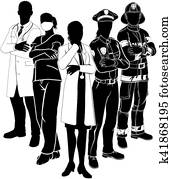 polizei, feuer, doktor, notfall, team, silhouetten polizei, feuer, doktor, notfall, team, silhouetten