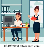 Businesswoman standing at her subordinate and making notes, office workplace with table and bookcase, vector Illustration Businesswoman standing at her subordinate and making notes, office workplace with table and bookcase, vector Illustration